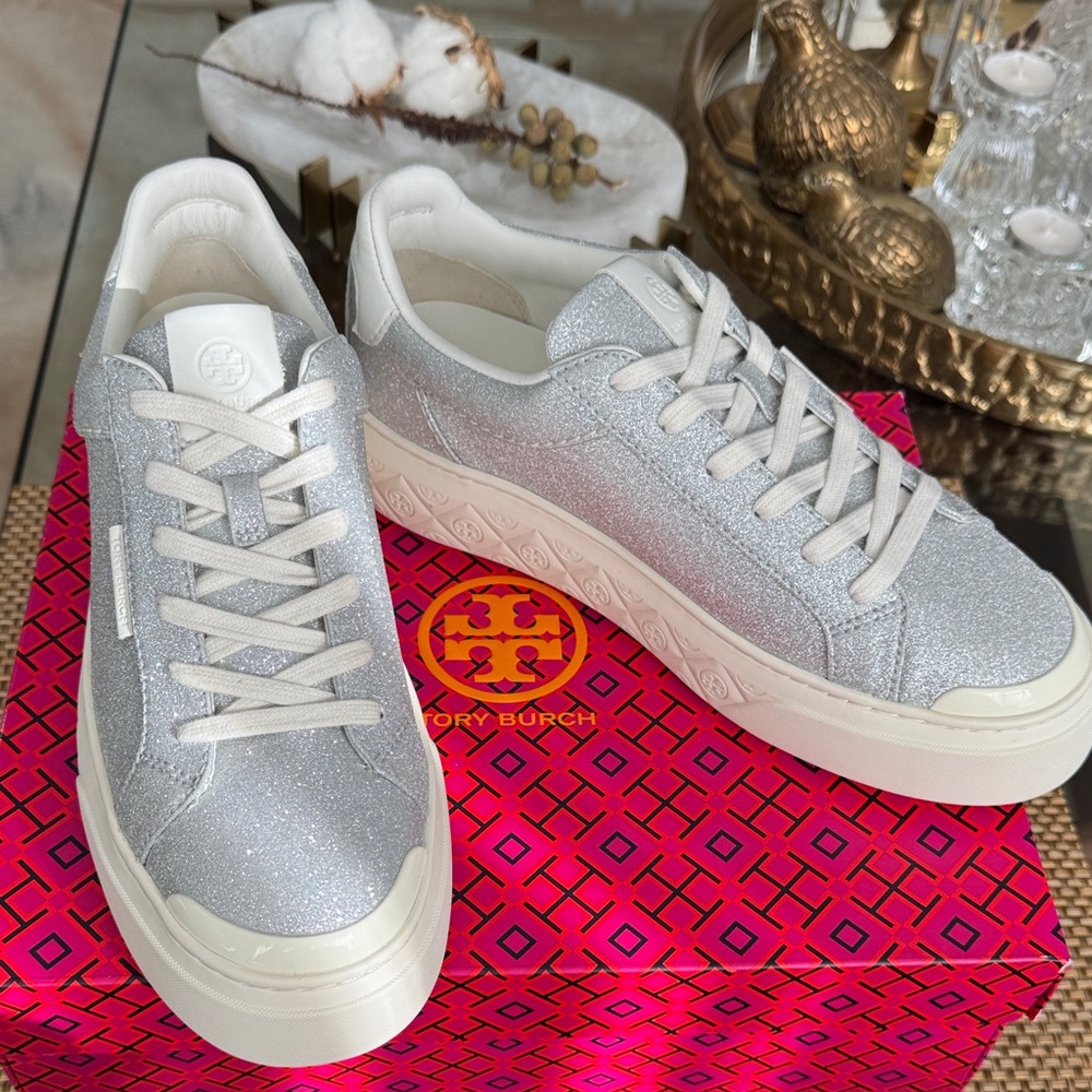 Tory Burch Lady Bug Women's Silver Glitter Sneakers Sz 10 NEW